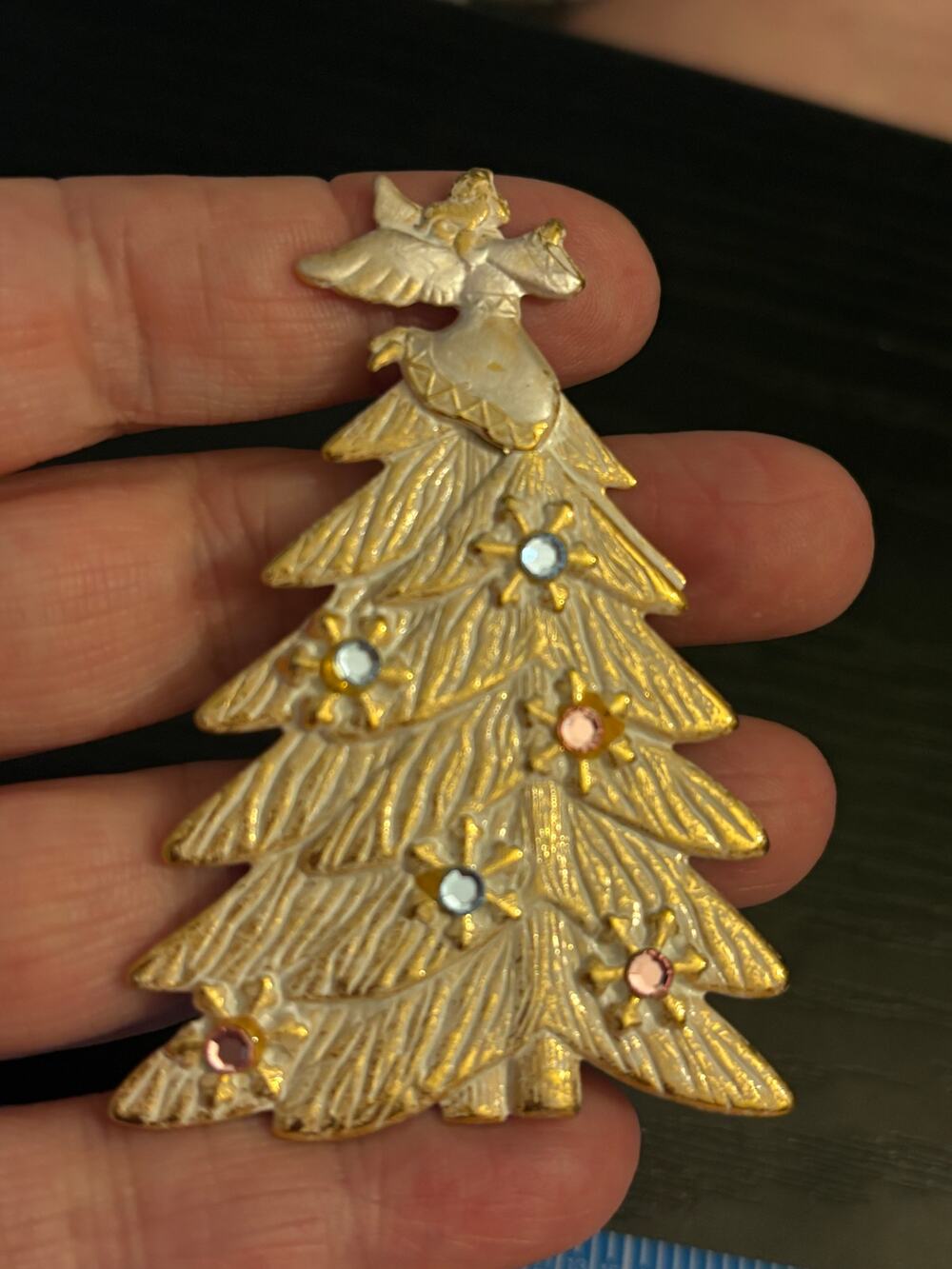 Vintage Style Gold Christmas Tree Brooch Angel Topper Pin